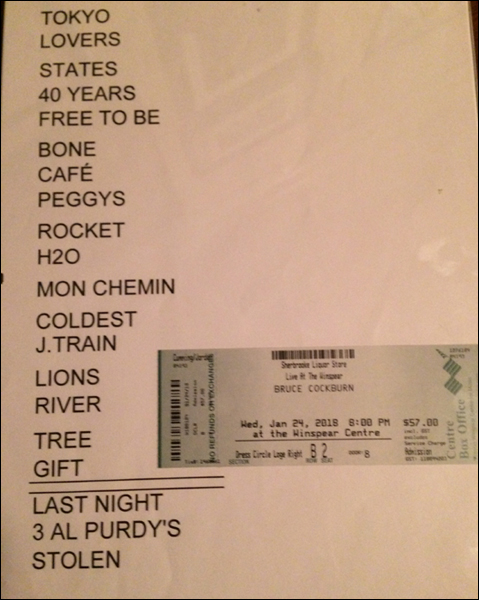 Bruce Cockburn - setlist - January 24, 2018 - Edmonton -  photo - Jordan Cumming