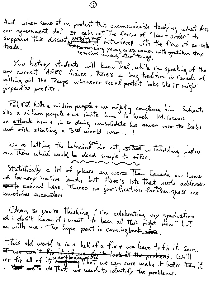 Page 5 of a copy of Bruce's handwritten convocation speech.